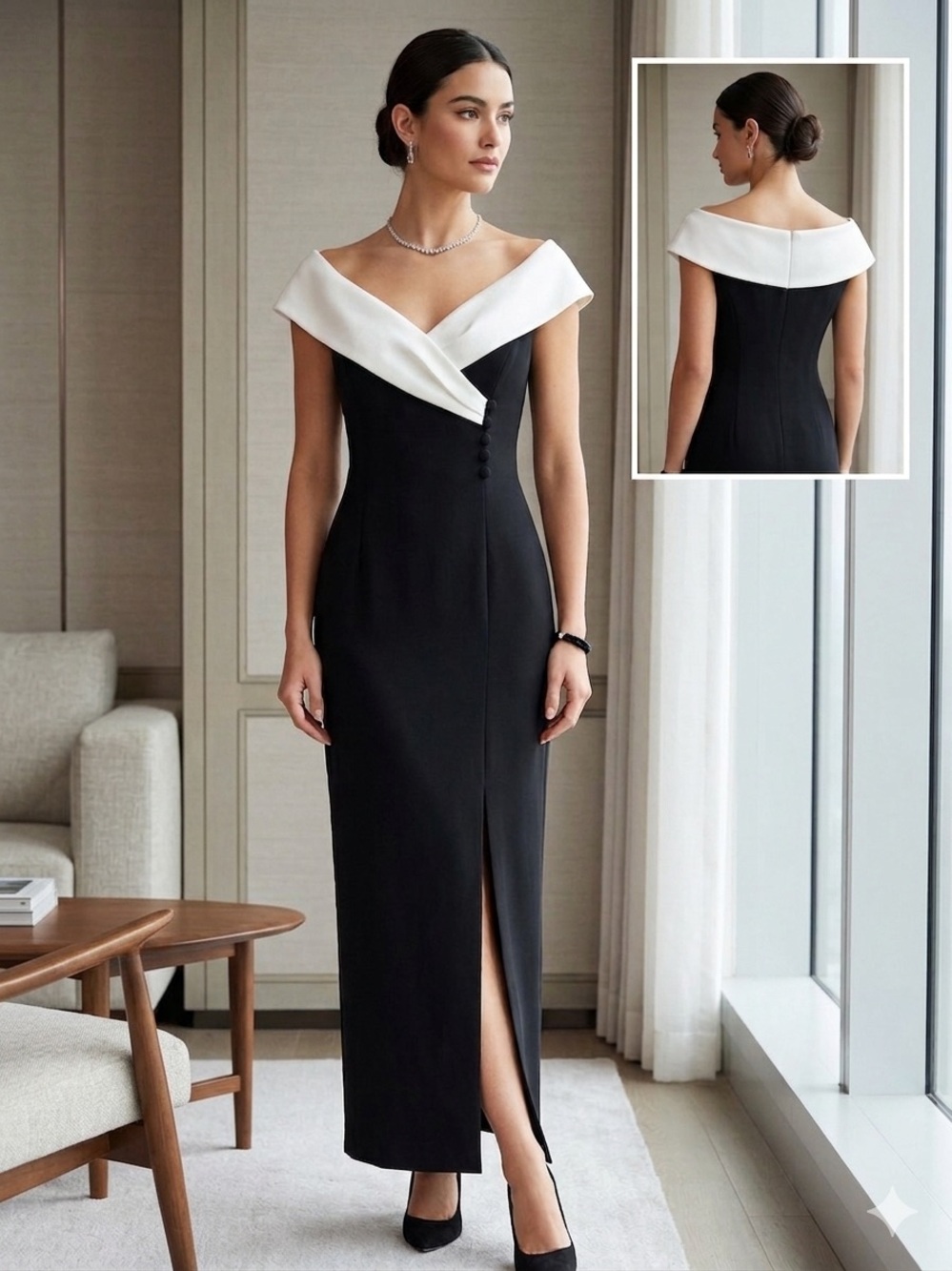 Jones New York Evening Wear 
Collection EUC black & cream w/drape 
collar sz 8